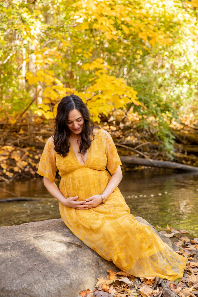 maternity photo of woman sitting on rock on river holding and looking at belly in fall at parker mill county park in ann arbor michigan