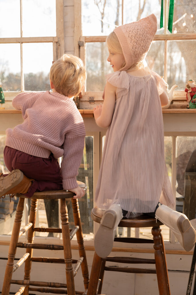 young sister and brother kneel on stools and look outside in greenhouse decorated for christmas at fern and pine in dexter michigan