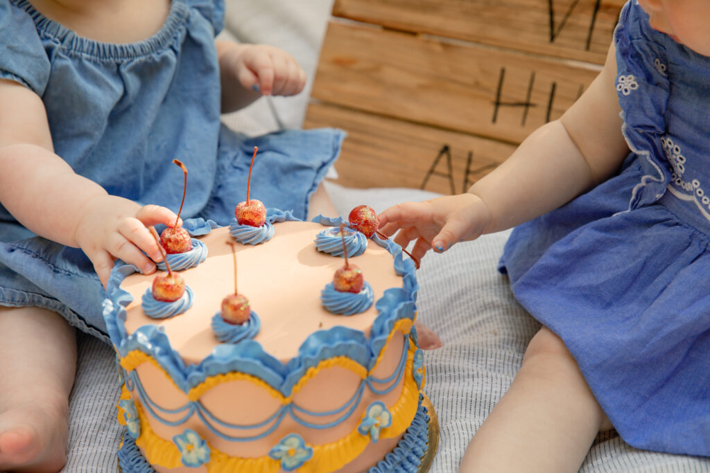 Close up of two baby girls' hands on a cake during a cake smash photo shoot