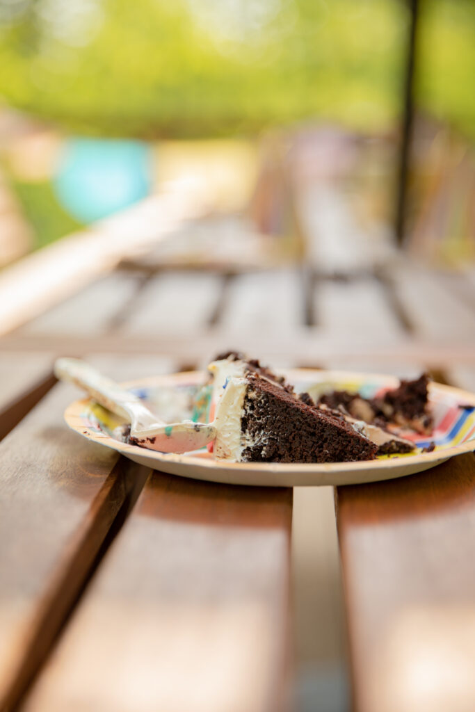 Piece of chocolate cake sits abandoned at an outdoor birthday party