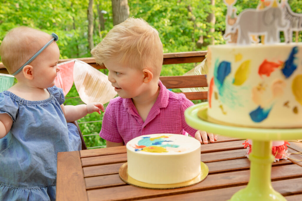 A toddler boy smiles at a baby girl at an outdoor birthday party with two cakes from Sweet Heather Anne on the table in front of them