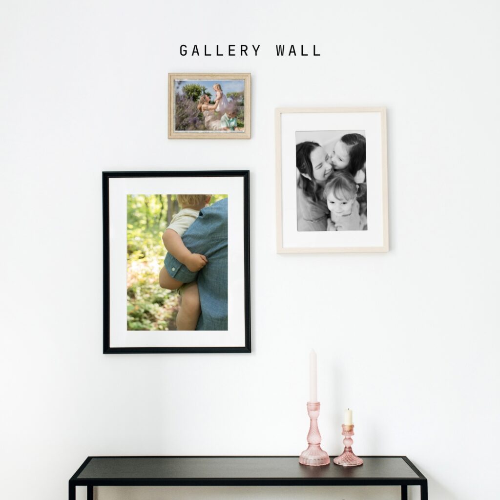 gallery wall with three framed photos all of mothers with their children