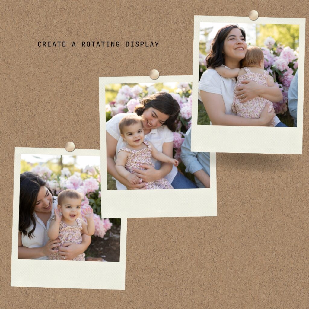 corkboard with three polaroid photos of mother with daughter in peony garden