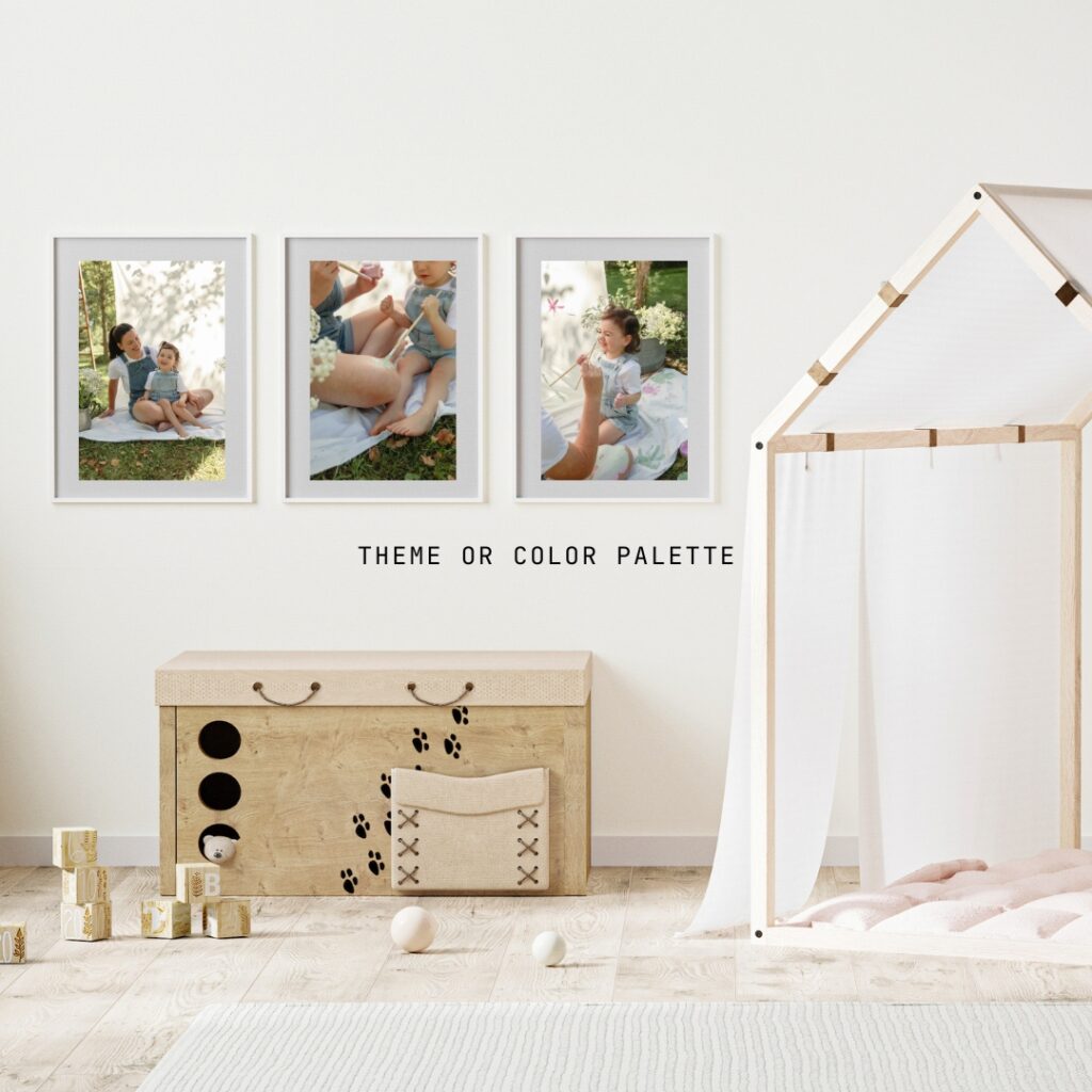 three framed photos of a mother with daughter in a themed photoshoot hang on the wall of a minimalistic nursery