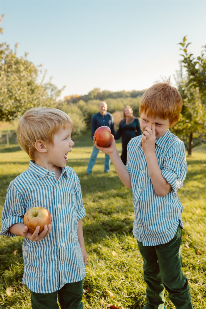 two young brothers stand near the camera holding apples looking and laughing with each other while parents stand far off in the distance watching the kids at Alber Orchard in Manchester Michigan